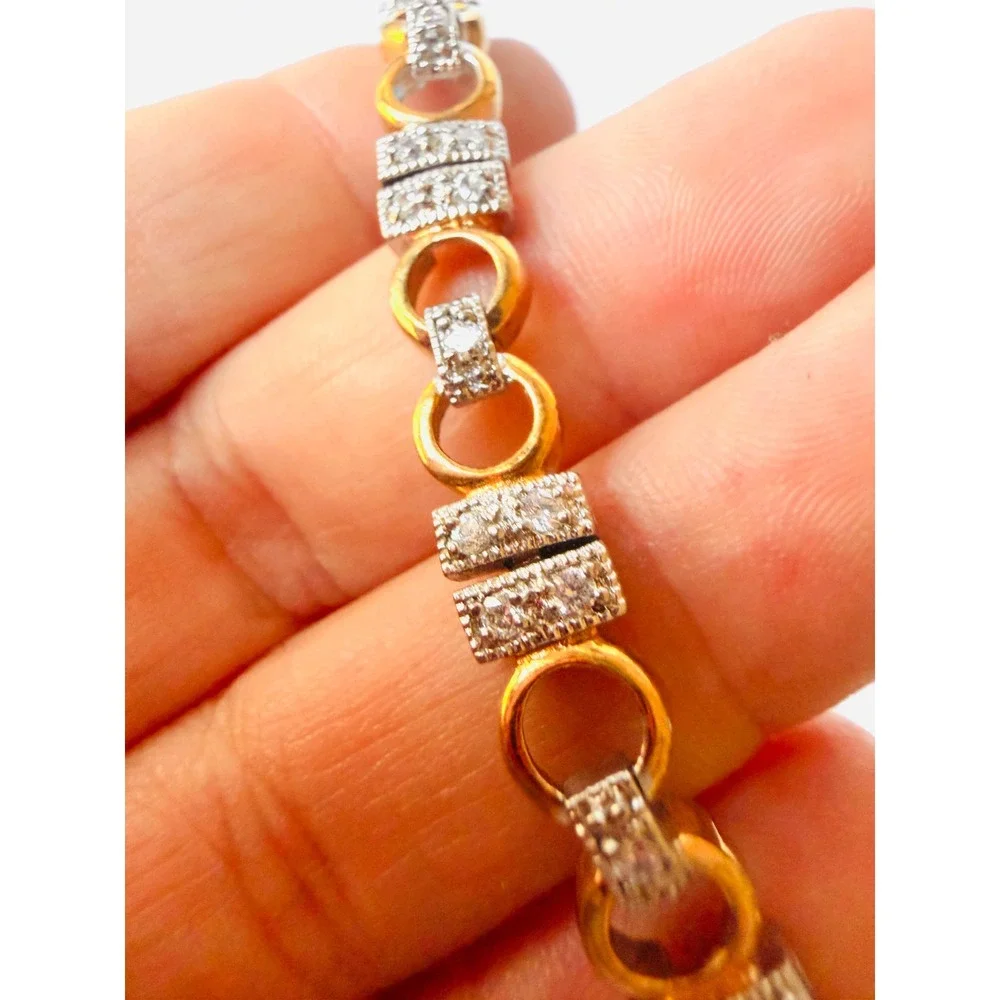 Sterling Silver 925 Two Tone Gold Plated Pave Stone Link Bracelet 7.5